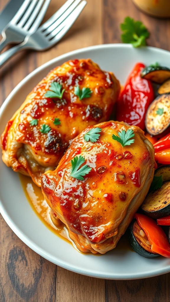 Juicy Chicken Drama Recipe Juicy chicken thighs garnished with parsley, served with roasted vegetables on a rustic table.